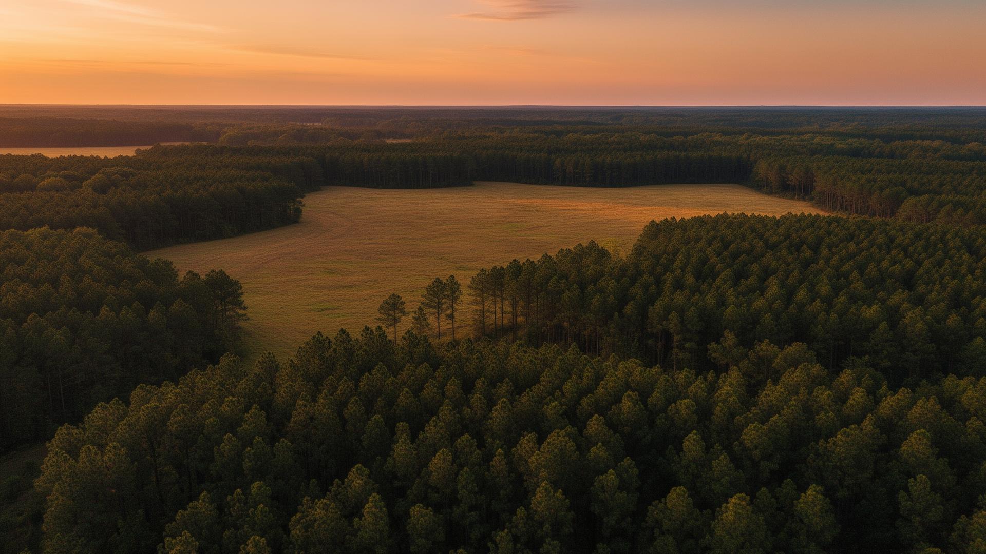 Aerial Southern timberland at dusk